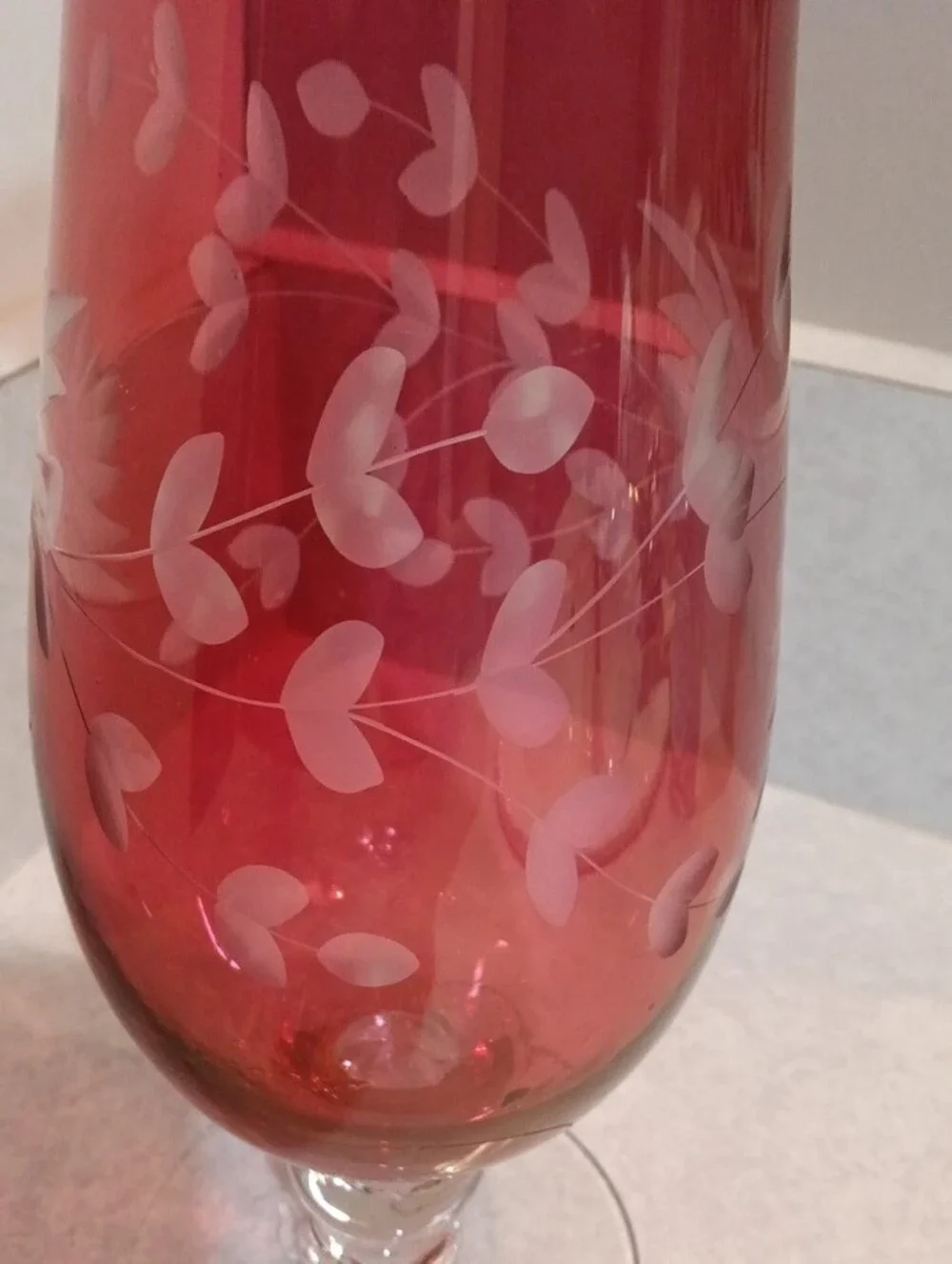 Ruby Red Etched Glass Decorative Vase with Floral Motif